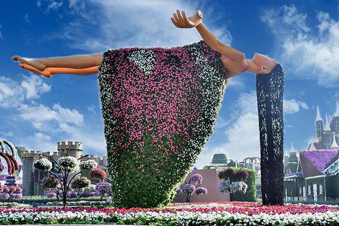 Flower woman floating in Dubai Miracle Garden.